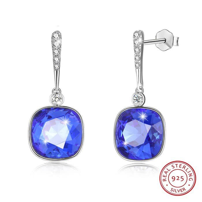 Square Silver Crystal Dangle Earrings sapphire