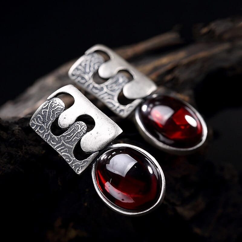 Sterling Silver Drop Earrings With Red Stone face view