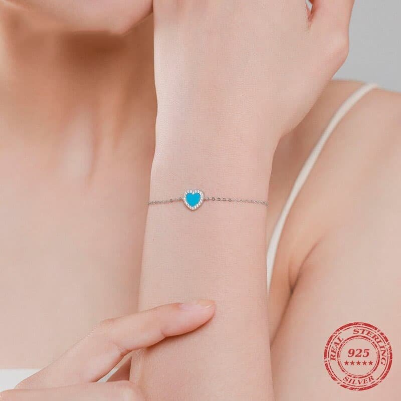 Sterling Silver Turquoise Heart Bracelet on wrist