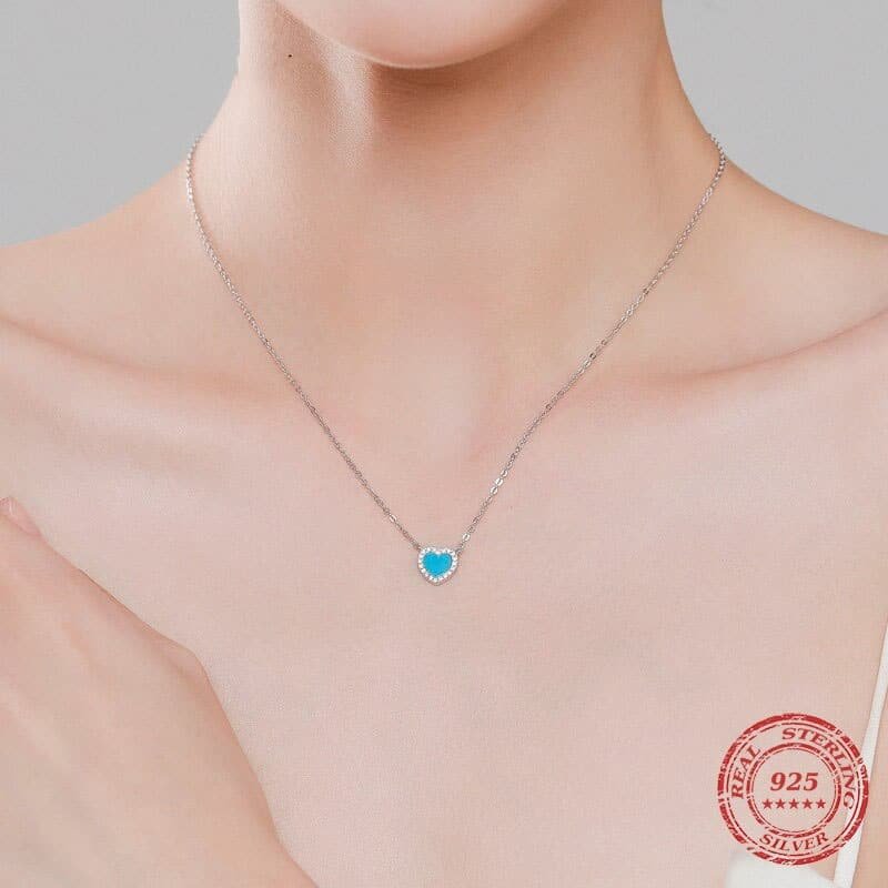 Sterling Silver Turquoise Heart Necklace on neck