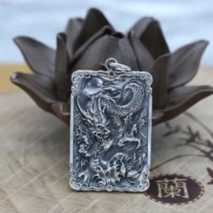 Dragon Tibetan Ethnic Moonstone Silver Pendant face view