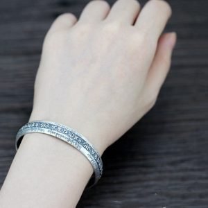 Mantra Silver Cuff Bracelet on wrist