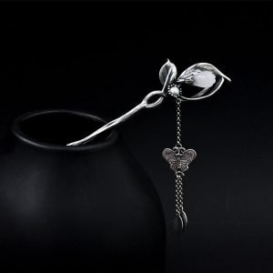 Silver Hair Pins magnolia details flower and butterfly